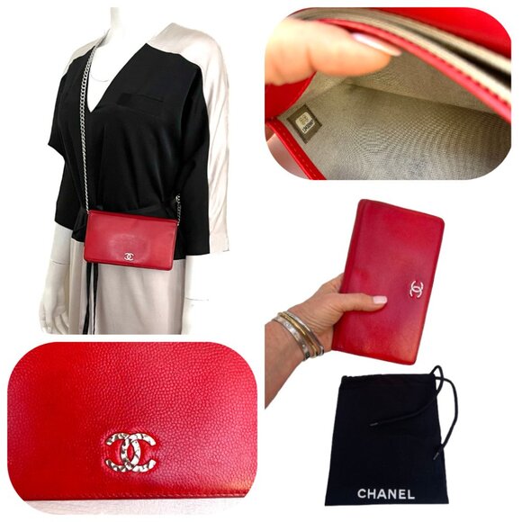 Chanel Red Lipstick Hammered large Silver CC logo bifold wallet - Picture 1 of 15
